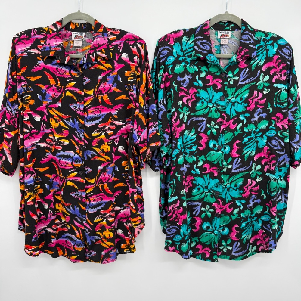 Vintage Hawaiian Top Shirt Set XL 1X Short Sleeve Shoulder Pads Cruise Resort